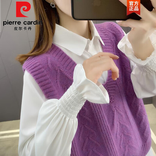 皮尔卡丹（pierre cardin）麻花马甲背心女春秋外搭2025年新款宽松v领针织毛衣马夹无袖上衣 1047白色 M 【建议96斤-110斤】