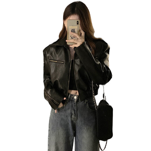 森莲娜（SENLIANNA）2025年春秋季最新款皮衣短外套女士装休闲风小个子上衣服30-40岁 黑色 M 98-108斤
