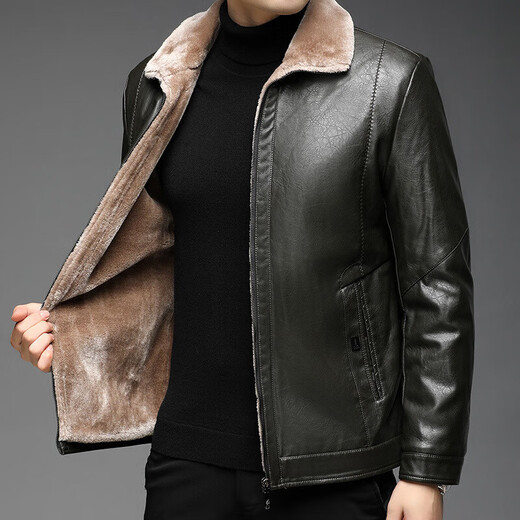 Hengyuanxiang new PU leather leather jacket men's autumn and winter solid color jacket velvet thickened jacket middle-aged men's warm tops black velvet 2XL