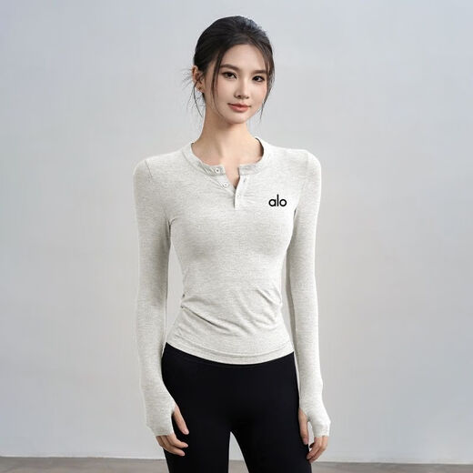 ALO YOGA yoga wear long-sleeved women's new slim sports top Pilates fitness training set gray top + black shorts S recommended 80-100Jin Jin equals 0.5 kg