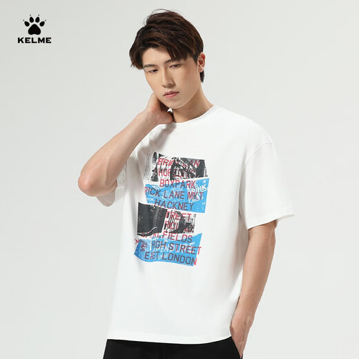 卡尔美（KELME） 圆领短袖男夏季新款纯棉T恤透气足球国潮休闲印花短t 9224TX1053 白色 M