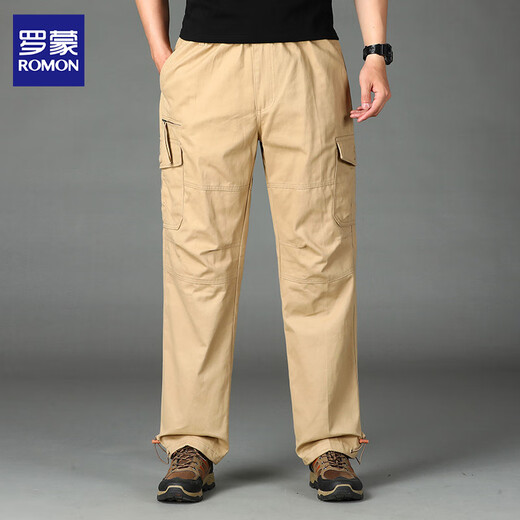 Luo Meng Overalls Men's Pure Cotton Autumn New Style Young and Middle-aged Pants Loose Straight Men's Casual Pants Outdoor Wear-Resistant Men's Pants J18 Dark Green Single Piece XL About 140-160 Jin Jin is equal to 0.5 kg