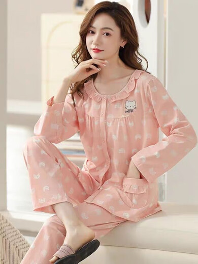 朵蕾汀睡衣女士秋季棉长袖家居服春秋款棉卡通薄款中年妈妈大码套装 9272红豆粉 M 码建议80斤-100斤