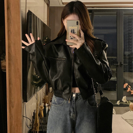 森莲娜（SENLIANNA）2025年春秋季最新款皮衣短外套女士装休闲风小个子上衣服30-40岁 黑色 M 98-108斤