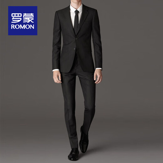 ROMON new suit men's four seasons business slim fit no ironing trendy casual men's small suit single suit top suit jacket warm black double button/single suit/double slit L 175