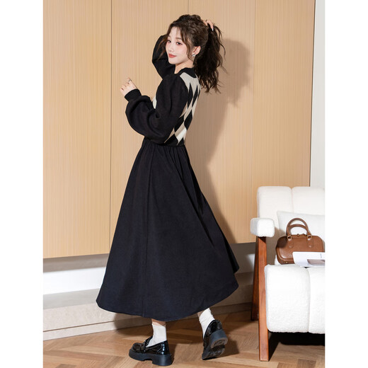 TonLion 2024 black v-neck splicing plaid dress for women retro knitted plaid skirt temperament long skirt black M