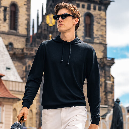 Mr. Bu Skin Friendly Hooded Wool Sweater 2025 Autumn Machine Washable Solid Color Wool T-Shirt Men's PT15568 Piano Black M (170)