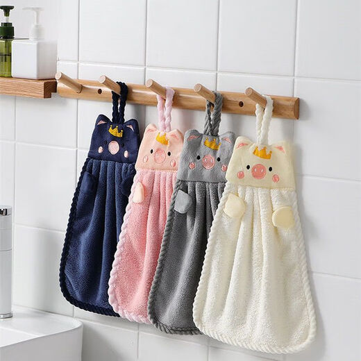 Cartoon Hand Towel Thickened Hanging Towel Kitchen Children's Hand Wipe Absorbent Bathroom Household Cute Piggy Drying Hand Towel White-1 Pack No Specifications