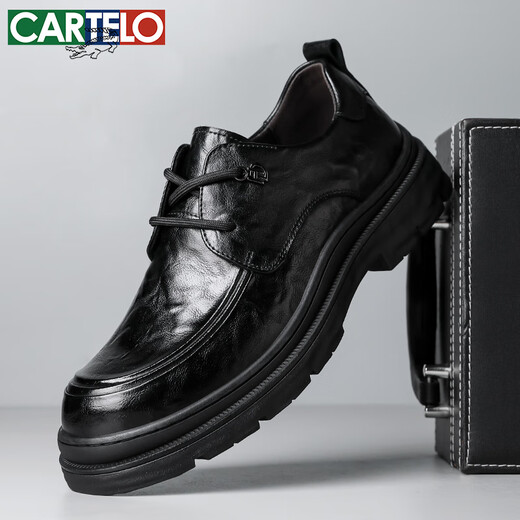 CARTELO men's leather shoes thick-soled hand-scratch pattern anti-wrinkle business casual shoes cowhide breathable lace-up leather shoes men 9946 black 42