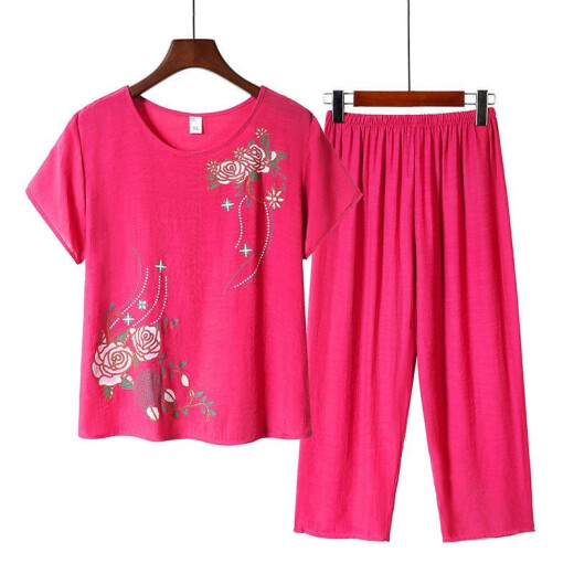 Feifeizhuang middle-aged and elderly suit mother's clothing 2022 summer new cotton and linen two-piece women's suit 718 rose red XL (recommended 80-100Jin [Jin equals 0.5 kg])