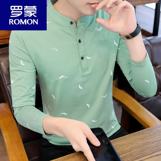 Romon Cotton Longärmedose T-Shirt für Herren-Stand-up-Kragen schlankes Body Top Shirt Trendy Printed Sweatshirt T-Shirt Undershirt Herren tragen We9815 Khaki 3xl 150-160jin [Jin gleich 0,5 kg]
