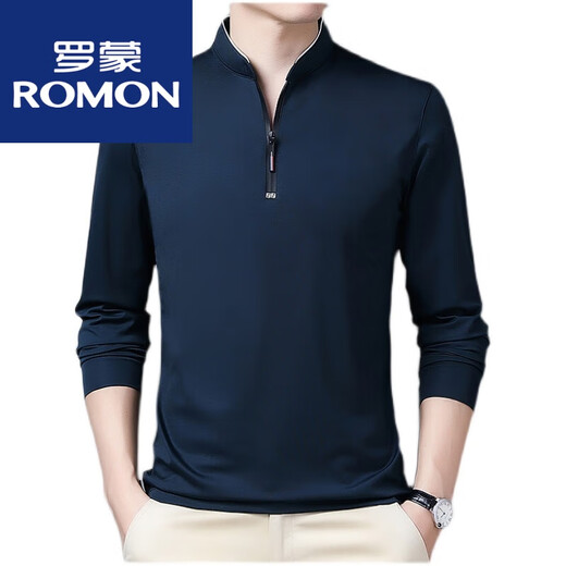 罗蒙（ROMON）棉长袖t恤男休闲薄款体恤上衣春秋季中年男装立领打底衫 长袖薄款6623上青 175/XL建议140-160斤