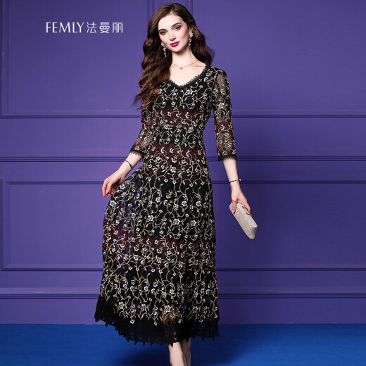 FEMLY new heavy industry embroidery dress noble banquet reception host celebrity aura queen black evening dress long L9971 black gold M