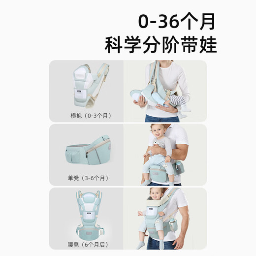 布兜妈妈婴儿背带腰凳前抱式抱娃神器多功能四季通用坐凳纯棉透气宝宝背带 冰星绿（纯棉四季豪华款）