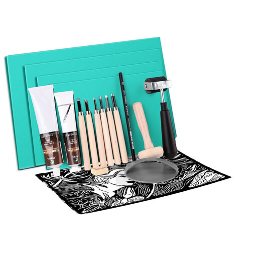 Marley brand printmaking tool set, ink carving knife, wood carving plate, children's special rubber plate for beginners, full set of printmaking materials, A5 soft glue carving plate, 2 pieces + wood carving knife, 3 piece set, printmaking