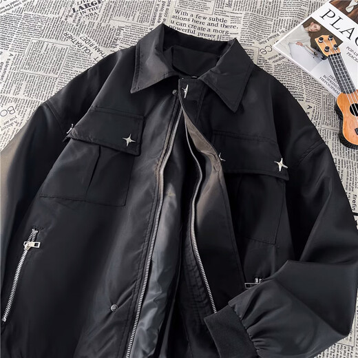 7 high-quality American trendy brand workwear bomber jackets for men in spring and autumn high street handsome trendy design loose casual jacket TMZXF-W78 black L