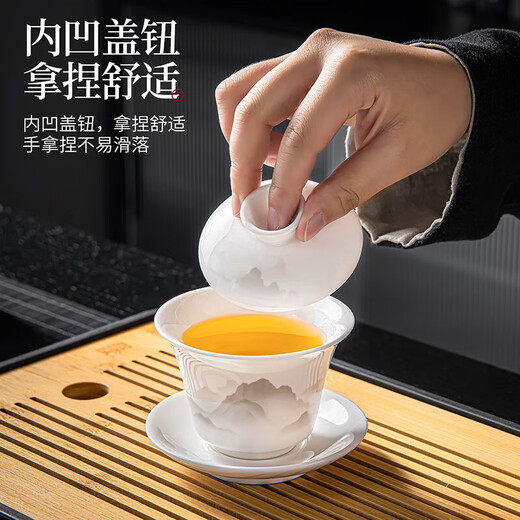 Xiangye Suet Jade Porcelain Kung Fu Tea Set Household Tea Art Ceramic Covered Bowl Teacup Tea Set Ink Distant Mountain Covered Bowl Six-Cup Glass Male Cup 9-piece Set