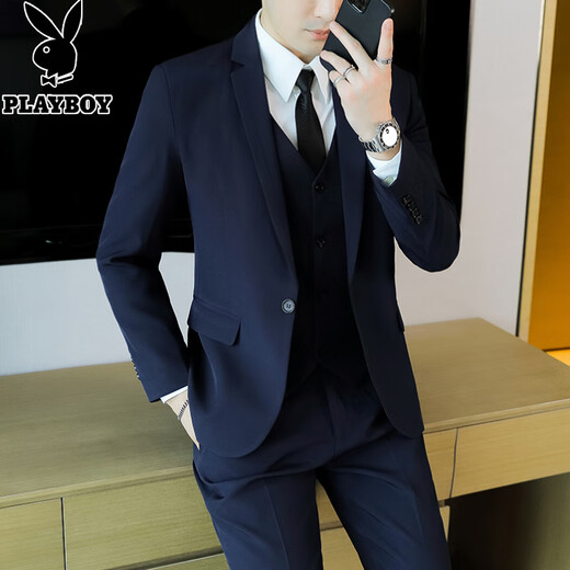 Playboy suit men's casual Korean style business professional formal three-piece suit slim fit wedding groomsmen and groom suit jacket black two-button suit + tie 2XL