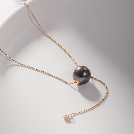 Jingruo Yinghuomanxingzhou perfect round 9-10mm Tahitian black pearl Passepartout pendant 18K gold diamond chain + Tahitian pendant set