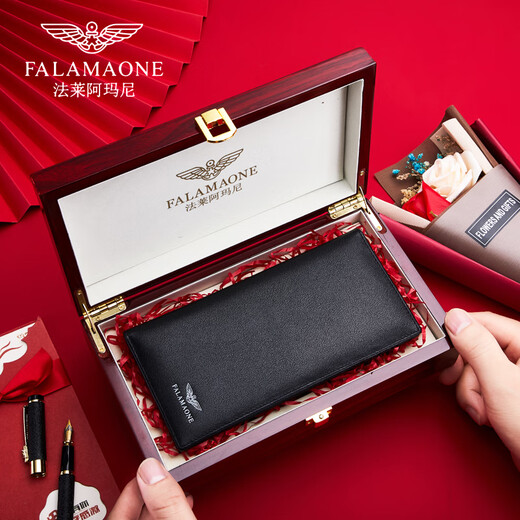 Falai Armani men's wallet men's long leather wallet light luxury casual high-end simple birthday gift for my husband boyfriend. First layer cowhide/counter gift box/QB203-3