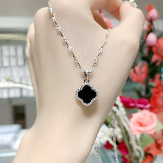 YaoYiZun black four-leaf clover sterling silver necklace women's 2025 new light luxury niche high-end sense gift for wife's birthday box chain four-leaf clover necklace