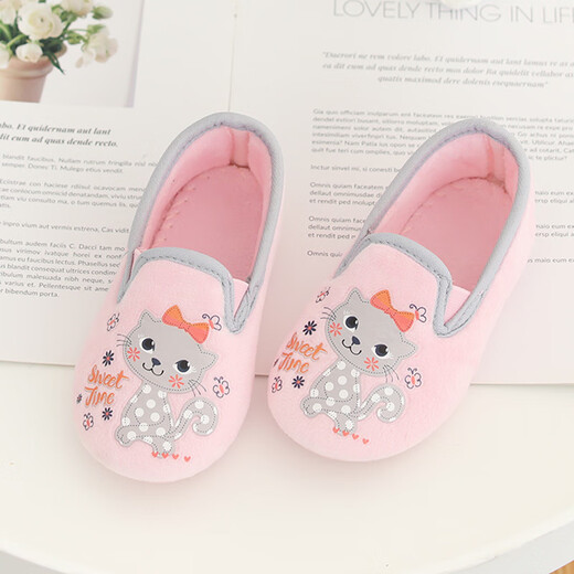 Ruiyang Kindergarten indoor shoes for boys and girls, non-slip indoor shoes, soft sole floor bags, baby children's shoes, home slippers, pink cat 25, inner length 15.85cm