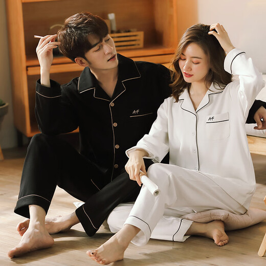 Modal couples pajamas spring and autumn pure cotton long-sleeved simple and comfortable pajamas men can wear outside pajamas autumn and winter home clothes AN300502 male + 601 white L female + male 2XL