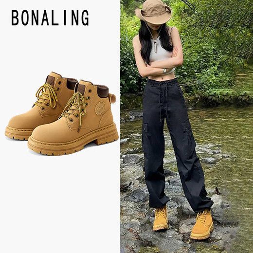 Planaling Martin Boots Chaussures pour femmes en cuir grosses bottes jaunes épaisses Sole Toe rond Talon épais Top haut à lacets Casual Versatile Fashion Classic Style Geuthe Super Cuir gros Bottes jaunes 6 trous 36