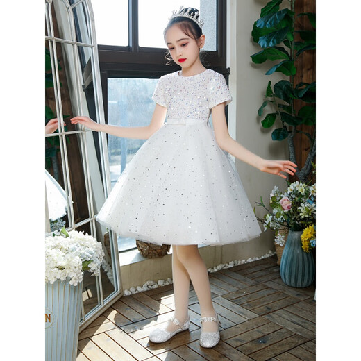 创京懿选礼服公主裙幼儿园毕业演出服女童钢琴花童婚纱主持人蓬蓬纱裙 9922【白色】+【裙撑】 140