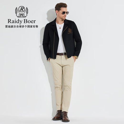 Raidy Boer/雷迪波尔【羊毛双面呢】男机车款翻领夹克外套3024-70 黑色  175/50/L