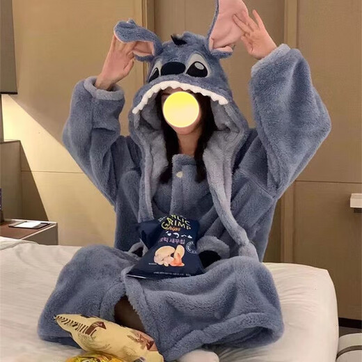 Yi Shuhan Pajamas Couple Outfits One Male and One Female Stitch Cartoon Internet Celebrity Winter Coral Velvet Long Pajamas Home Clothes Set Blue Stitch Pajamas + Pants M 100-130Jin Jin equals 0.5 kg