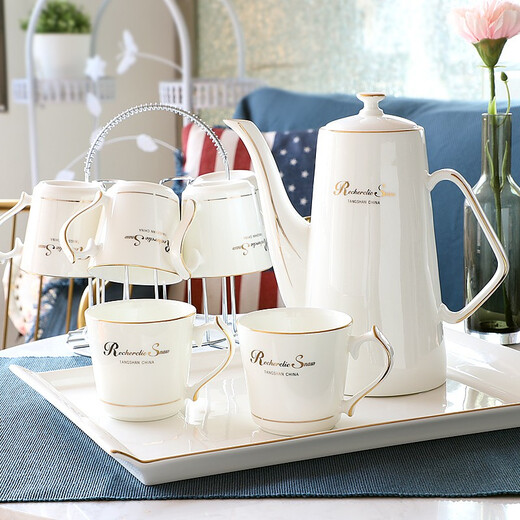 Pinlaiyun ceramic tea set set bone china tea cup living room light luxury teapot household water cup simple water set afternoon tea set gold R beautiful water set 9 pieces (with bone china tea tray)