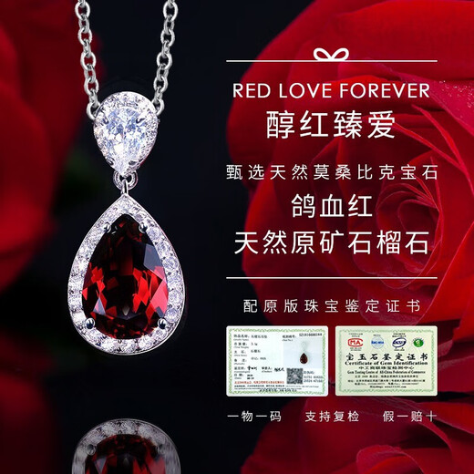 Falinro platinum necklace for women, ruby pendant, Heart of the Ocean, light luxury jewelry, Chinese Valentine's Day gift for girlfriend and wife, platinum O-shaped chain + garnet pendant, engraving