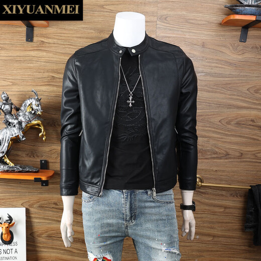 Nishihara Mei Fashion European Stand Collar Leather Jacket Men's 2025 Autumn New Slim Youth Leather Casual Jacket Black L