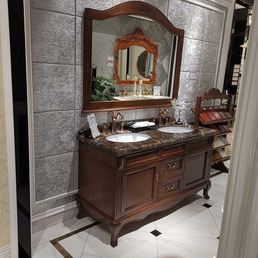 靡丽世家（MILISHIJIA） 简欧北欧橡木实木浴室柜落地卫浴柜洗手盆组合卫生间洗脸盆洗漱 胡桃色 80公分橡木对开门 米黄台面