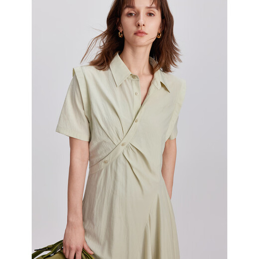 ELLE French design true two-piece suit dress for women 2024 summer new style pleated temperament right shoulder skirt light green M