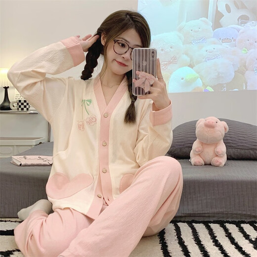 欧鹿汐（OULUXI）纯色皱布棉质月子服春秋孕妇睡衣夏季透气吸汗产妇产后哺乳喂奶衣 AXXE724少女心 XL码 (建议115-135斤)