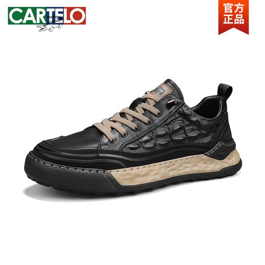 卡帝乐鳄鱼（CARTELO）鞋子男秋天新款低帮皮面透气轻便板鞋男士春秋季休闲运动工装鞋潮 L1392黑色 42