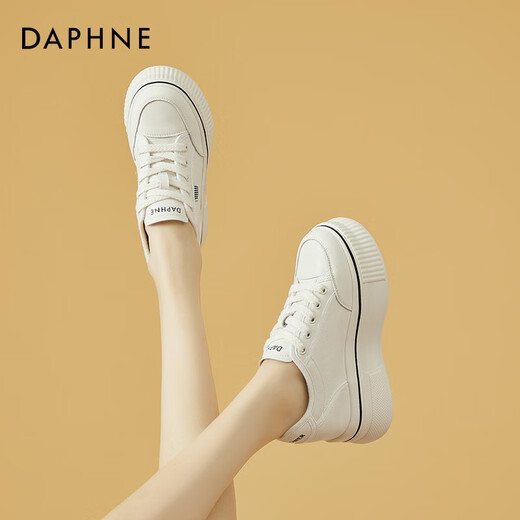 达芙妮（DAPHNE）帆布鞋女休闲饼干鞋黑白格子厚底增高鞋子新款学生百搭春款 1048款米色 34 (220mm) 标准码