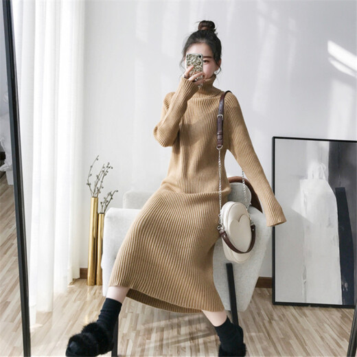 Fanshu Dress Women's 2020 Autumn Internet Celebrity Extended Sweater Skirt Over the Knee Thickened Inside High-neck Knitted Bottoming Shirt Mid-Length Skirt yw2521 Dark Gray One Size