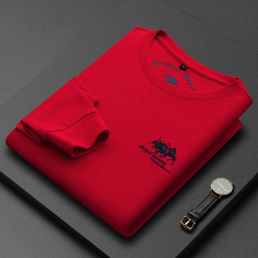 
Olester Paul's official high-end brand plus velvet sweatshirt for men autumn and winter new round neck polo shirt for men men's long-sleeved T-shirt middle-aged base 6628 red plus velvet M