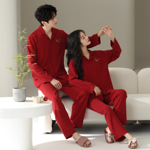 莫代尔新款结婚睡衣女新婚情侣纯棉新人套装红色喜庆长袖家居服可外穿 男757女857 M 女+男XL(礼盒包装）
