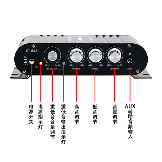 LDZS new high-power mini small hifi amplifier home fever high-fidelity 2.1 channel 12V automotive amplifier ST838 black (with 12V adapter)