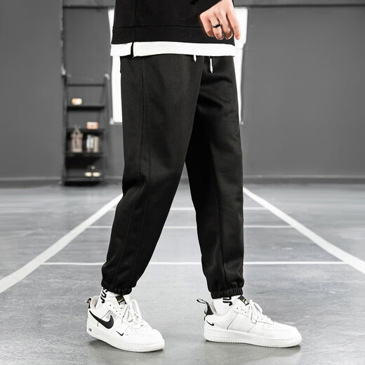 Western Camel (VANCAMEL) casual pants for men, loose leg-tie youth nine-point sports pants for men, versatile sweat pants, black XL