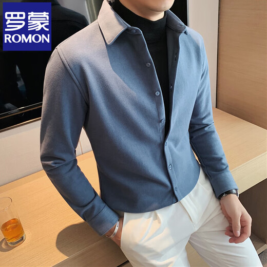 
ROMON warm shirt men's 2025 autumn and winter woolen thickened shirt new style handsome men's top thickened high-end CM9207 blue [wool material] 3XL
