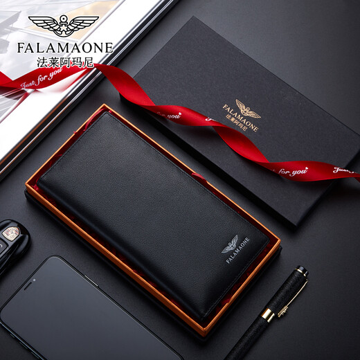Falai Armani men's wallet men's long leather wallet light luxury casual high-end simple birthday gift for my husband boyfriend. First layer cowhide/counter gift box/QB203-3