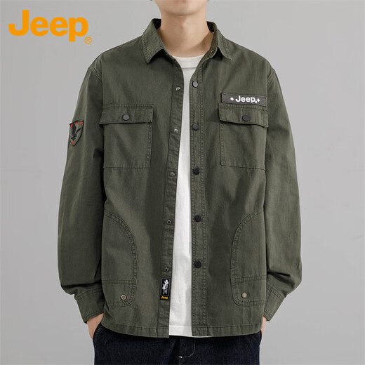 JEEP Jeep shirt men's spring and autumn long-sleeved shirt work jacket loose casual clothes men's military green 4XL