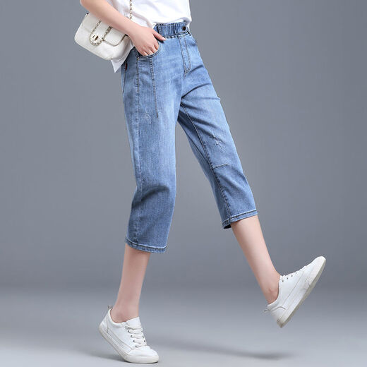 Jeans larges à sept points d'été pour femmes pour les femmes nouveaux pantalons courts courts sur le genou pantalon de harem lâche décontracté denim [ZF9272] [pantalon coupé extensible] 28 tailles [101-110jin [Jin est égal à 0,5 kg]]]