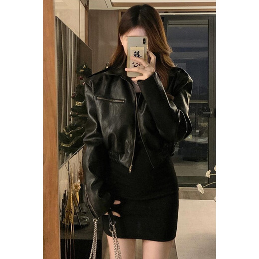 森莲娜（SENLIANNA）2025年春秋季最新款皮衣短外套女士装休闲风小个子上衣服30-40岁 黑色 M 98-108斤