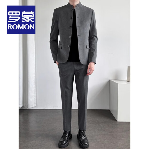 ROMON New Chinese Style Stand Collar Small Suit Jacket Men's Casual Engagement Zhongshan Style Fit Handsome Wedding Suit Black Suit Top + Pants 3XL Recommended 140-150 Jin Jin equals 0.5 kg